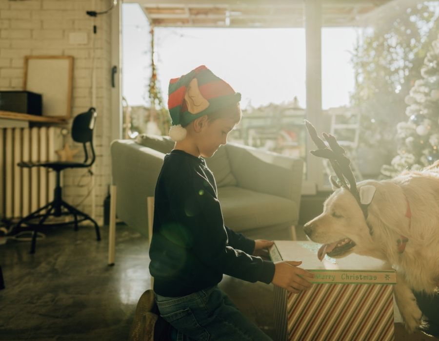 boy-and-dog-both-wearing-reindeer-ears-about-to-open-christmas-present-what-to-focus-on-during-holiday-season-blog-post